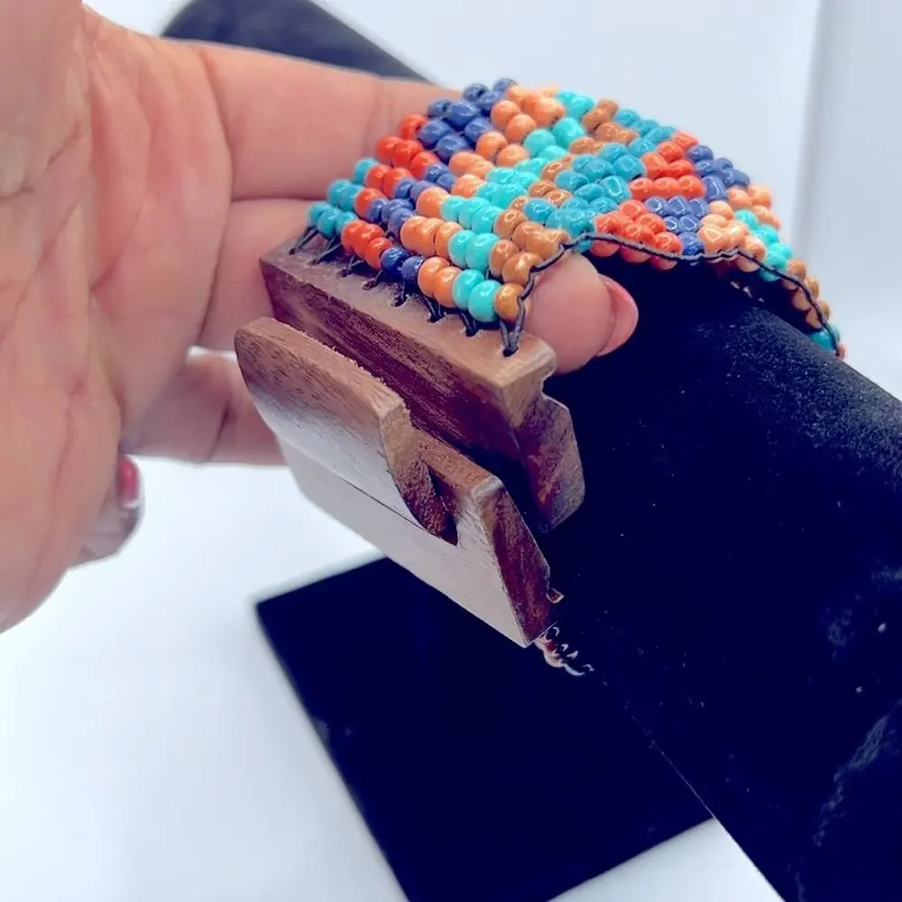 Colorful Boho Beaded Bracelet w/wooden clasp
